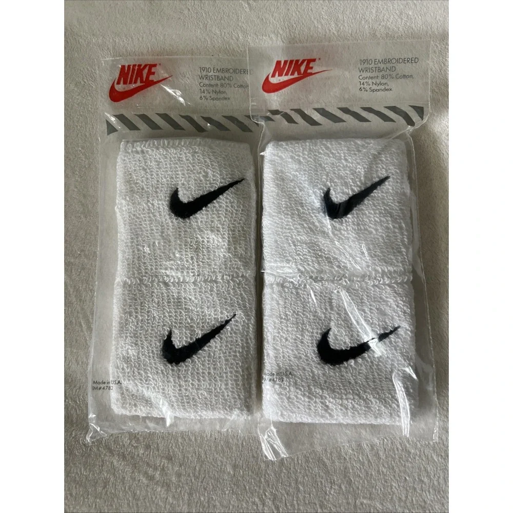 Pair Vtg Nike Embroidered Swoosh Wristbands Basketball Tennis White Made in USA